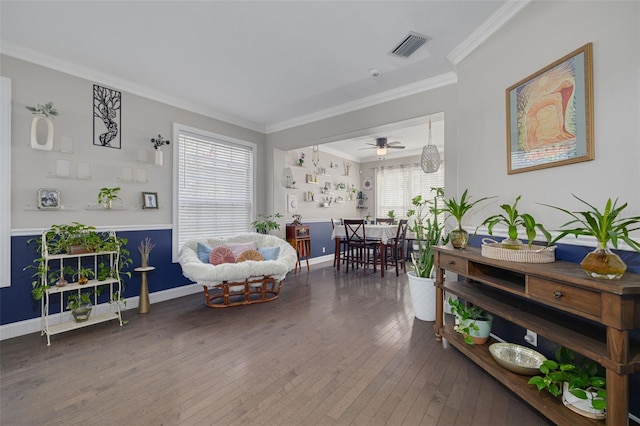 4147 Grandchamp Cir, Palm Harbor, FL 34685 - living area with crown molding, hardwood / wood-style floors, and ceiling fan
