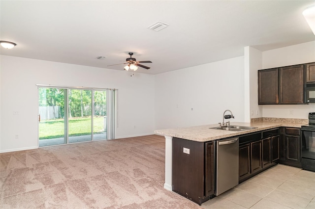 12841 Buffalo Run Dr, Gibsonton, FL 33534 - kitchen featuring black appliances, open floor plan, ceiling fan, light countertops, and dark brown cabinets