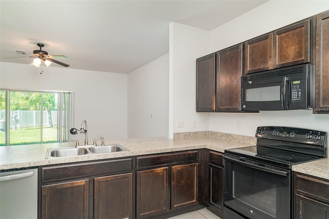 12841 Buffalo Run Dr, Gibsonton, FL 33534 - kitchen with black appliances, light countertops, dark brown cabinets, ceiling fan, and light tile patterned floors