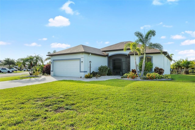 12830 24th Street Cir E, Parrish, FL 34219 - view of front of house with stucco siding, driveway, a garage, and a front yard