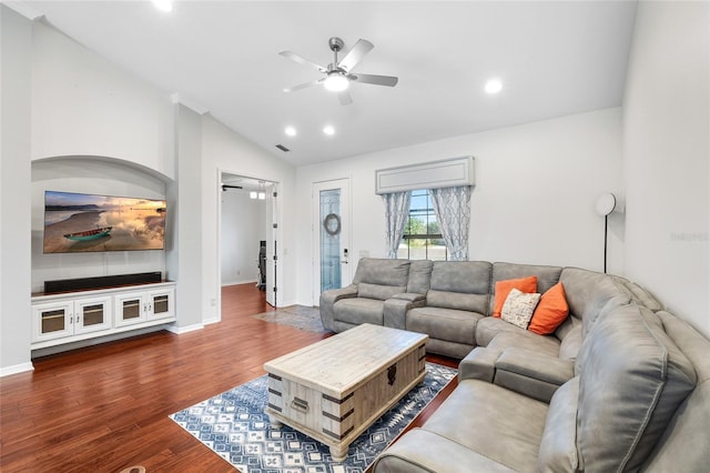 12830 24th Street Cir E, Parrish, FL 34219 - living area with vaulted ceiling, ceiling fan, wood finished floors, and recessed lighting