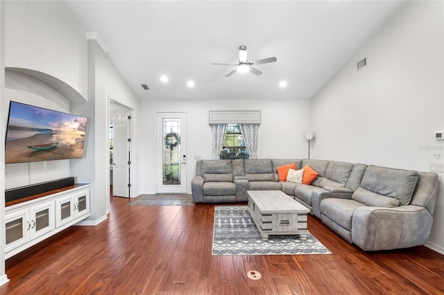 12830 24th Street Cir E, Parrish, FL 34219 - living area featuring ceiling fan, lofted ceiling, wood finished floors, and recessed lighting
