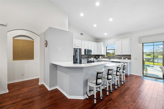 12830 24th Street Cir E, Parrish, FL 34219 - kitchen with appliances with stainless steel finishes, dark wood-type flooring, a kitchen bar, a peninsula, and backsplash