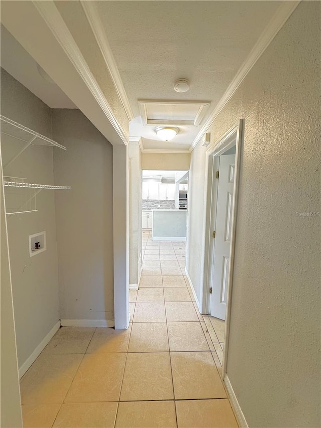 1507 W Le Compte Dr, Tampa, FL 33604 - corridor with crown molding, light tile patterned floors, attic access, and a textured wall