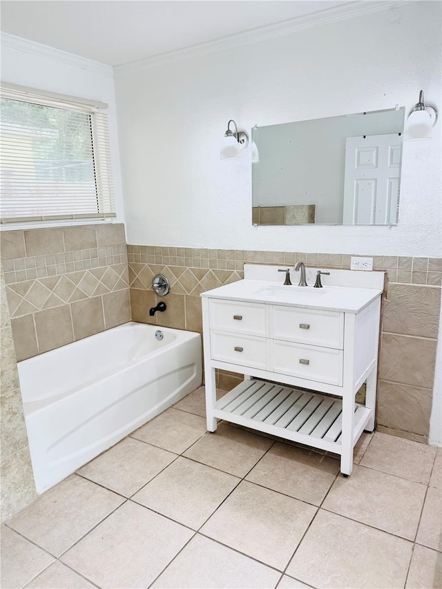 1507 W Le Compte Dr, Tampa, FL 33604 - bathroom featuring tile patterned floors, a bath, vanity, ornamental molding, and tile walls