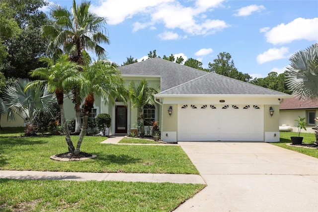 4948 Ridgemoor Cir, Palm Harbor, FL 34685 - ranch-style home featuring a garage, stucco siding, driveway, a front yard, and roof with shingles