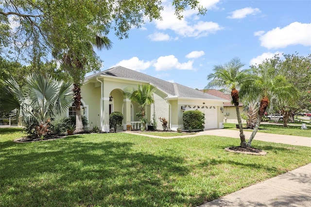 4948 Ridgemoor Cir, Palm Harbor, FL 34685 - view of front facade with driveway, an attached garage, a front yard, and stucco siding