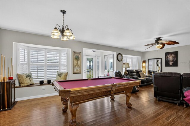 210 Jayview Ave, Lehigh Acres, FL 33936 - game room with wood finished floors, billiards table, a ceiling fan, and a chandelier