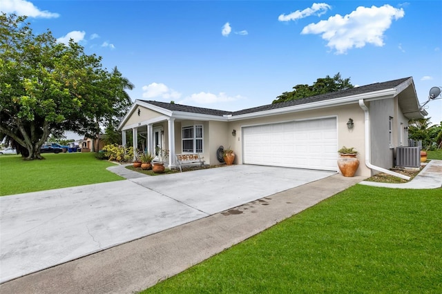 210 Jayview Ave, Lehigh Acres, FL 33936 - ranch-style house with concrete driveway, an attached garage, a front lawn, stucco siding, and covered porch