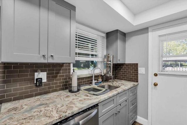 1485 Lakeview Rd Unit 2, Clearwater, FL 33756 - kitchen featuring gray cabinets, backsplash, light stone counters, and dishwasher
