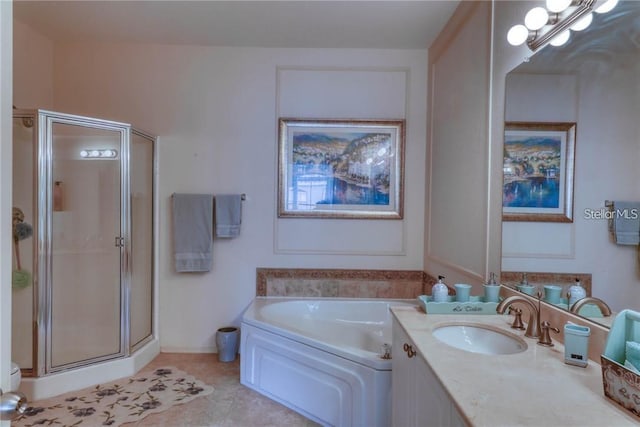 2733 Via Cipriani Unit 830B, Clearwater, FL 33764 - full bath with a stall shower, a garden tub, vanity, and tile patterned flooring