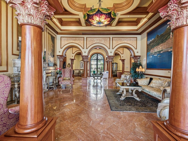 2733 Via Cipriani Unit 830B, Clearwater, FL 33764 - community lobby with ornamental molding, coffered ceiling, a towering ceiling, and beamed ceiling