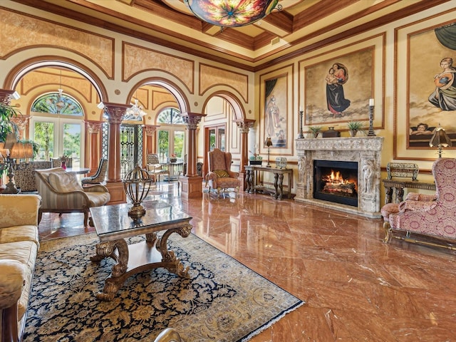 2733 Via Cipriani Unit 830B, Clearwater, FL 33764 - living room with ornate columns, crown molding, marble tiled flooring, coffered ceiling, and a high ceiling