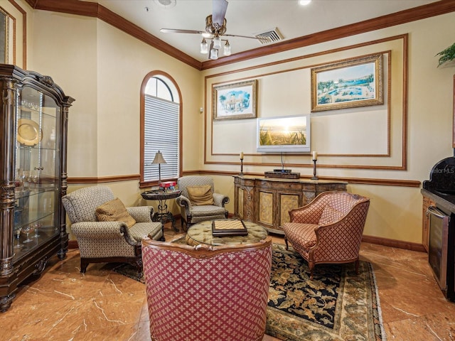 2733 Via Cipriani Unit 830B, Clearwater, FL 33764 - living area with crown molding, ceiling fan, and beverage cooler