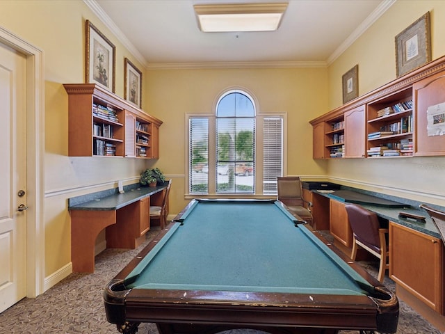 2733 Via Cipriani Unit 830B, Clearwater, FL 33764 - game room featuring built in desk, crown molding, carpet, and pool table