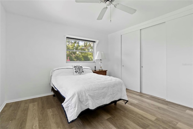 917 Pineview Ave, Clearwater, FL 33756 - bedroom with wood finished floors, a closet, and a ceiling fan