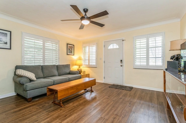 8014 27th Ave N, Saint Petersburg, FL 33710 - living area featuring a ceiling fan, wood finished floors, and ornamental molding