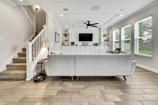 1669 Feather Grass Loop, Lutz, FL 33558 - living room featuring ceiling fan, ornamental molding, recessed lighting, stairway, and wood tiled floors