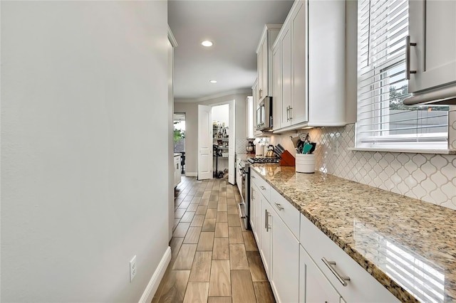 1669 Feather Grass Loop, Lutz, FL 33558 - kitchen featuring appliances with stainless steel finishes, ornamental molding, backsplash, plenty of natural light, and recessed lighting