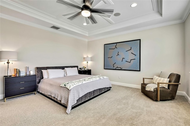 1669 Feather Grass Loop, Lutz, FL 33558 - bedroom with a raised ceiling, light carpet, crown molding, recessed lighting, and ceiling fan