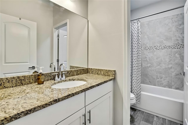 1669 Feather Grass Loop, Lutz, FL 33558 - bathroom featuring vanity, shower / tub combo with curtain, and wood finished floors