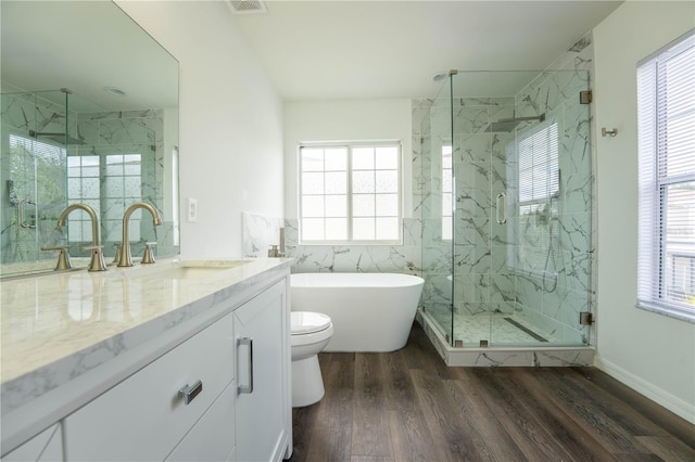 9110 Lantern Oak Way, Land O Lakes, FL 34638 - bathroom with healthy amount of natural light, wood finished floors, vanity, and a freestanding tub