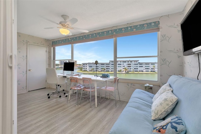 6025 Shore Blvd S Unit 408, Gulfport, FL 33707 - office with wallpapered walls, wood finished floors, and ceiling fan