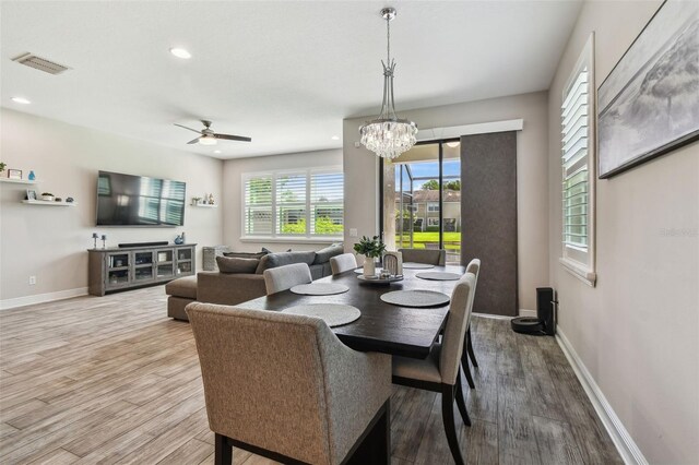 11519 Crowned Sparrow Ln, Tampa, FL 33626 - dining area with wood finished floors, ceiling fan, recessed lighting, and a chandelier
