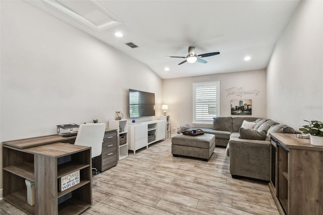 11519 Crowned Sparrow Ln, Tampa, FL 33626 - living room with ceiling fan, light wood-style flooring, attic access, recessed lighting, and an office area