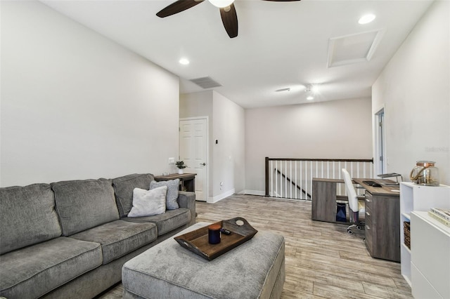 11519 Crowned Sparrow Ln, Tampa, FL 33626 - living area featuring attic access, light wood-style flooring, ceiling fan, and recessed lighting