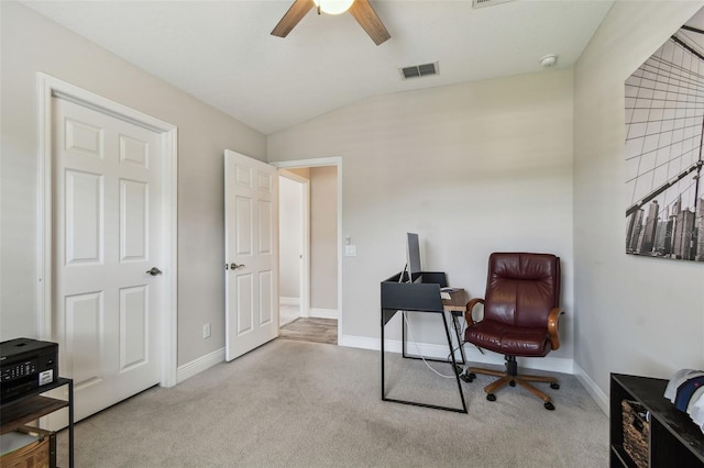 11519 Crowned Sparrow Ln, Tampa, FL 33626 - office area featuring a ceiling fan, carpet, and lofted ceiling