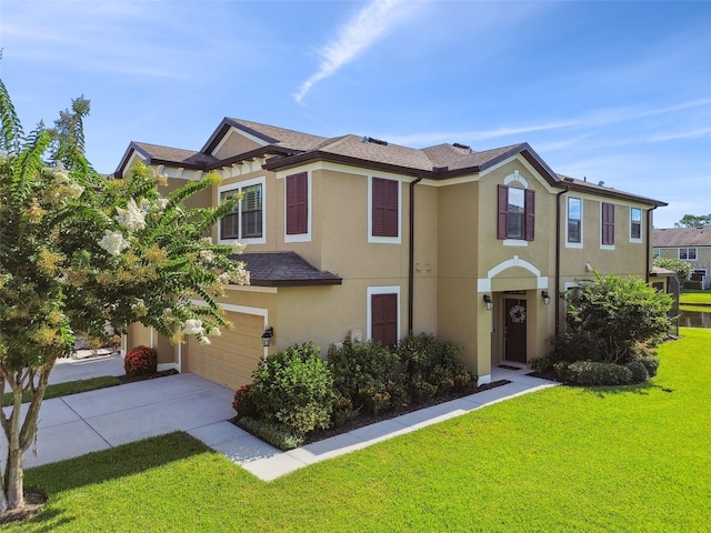 11519 Crowned Sparrow Ln, Tampa, FL 33626 - view of property with stucco siding, driveway, a garage, and a front lawn