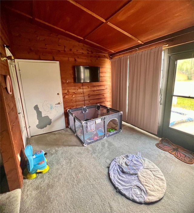 35140 Whispering Oaks Blvd, Dade City, FL 33523 - rec room featuring carpet, lofted ceiling, and wood walls