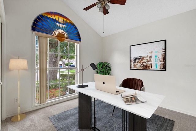1741 Elk Spring Dr, Brandon, FL 33511 - home office with carpet, healthy amount of natural light, lofted ceiling, and a ceiling fan