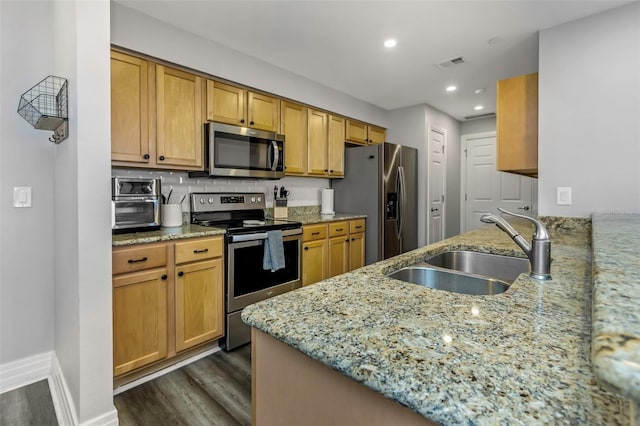 1108 N Franklin St Unit 602, Tampa, FL 33602 - kitchen with stainless steel appliances, dark wood-type flooring, light stone countertops, recessed lighting, and a peninsula