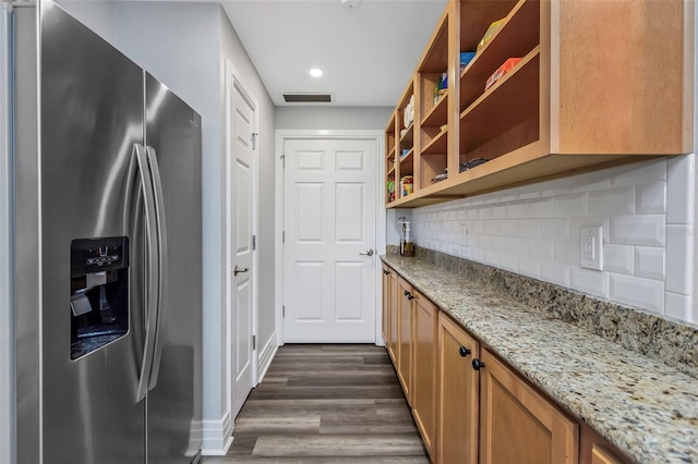 1108 N Franklin St Unit 602, Tampa, FL 33602 - kitchen featuring stainless steel refrigerator with ice dispenser, dark wood-type flooring, open shelves, light stone countertops, and decorative backsplash