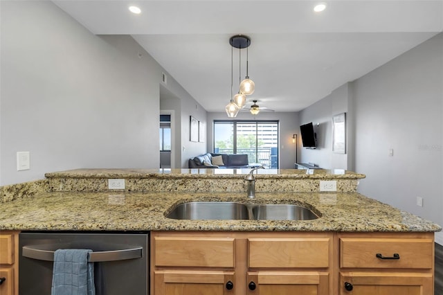 1108 N Franklin St Unit 602, Tampa, FL 33602 - kitchen featuring stainless steel dishwasher, open floor plan, light stone countertops, hanging light fixtures, and recessed lighting