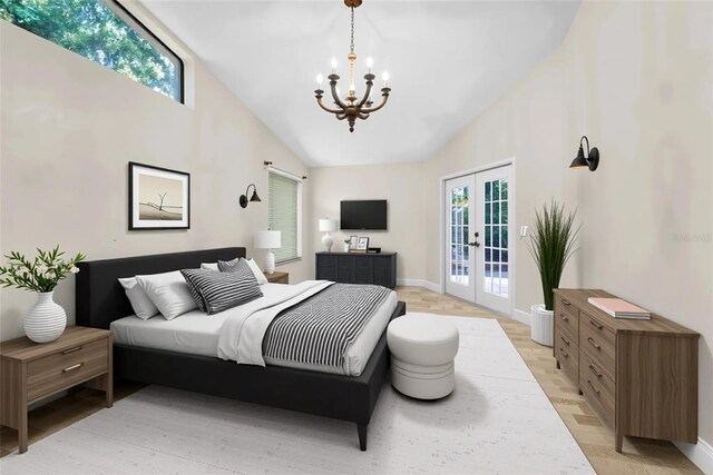 910 Kingscote Ct, Safety Harbor, FL 34695 - bedroom with a chandelier, french doors, access to outside, high vaulted ceiling, and light wood-style floors