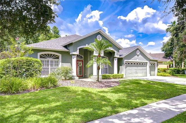 19307 Wind Dancer St, Lutz, FL 33558 - single story home featuring a shingled roof, concrete driveway, stucco siding, a garage, and a front yard