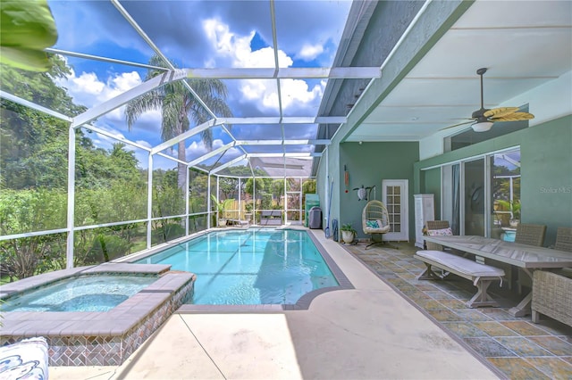 19307 Wind Dancer St, Lutz, FL 33558 - view of swimming pool featuring a patio, a ceiling fan, a pool with connected hot tub, and a lanai