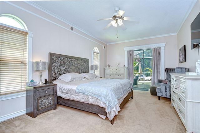 19307 Wind Dancer St, Lutz, FL 33558 - bedroom with access to outside, light colored carpet, ornamental molding, and a ceiling fan