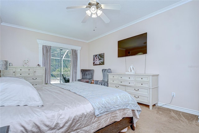 19307 Wind Dancer St, Lutz, FL 33558 - bedroom with crown molding, access to exterior, light colored carpet, and a ceiling fan