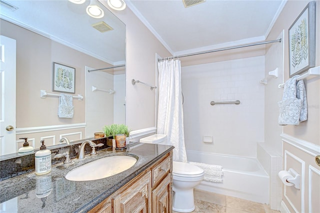 19307 Wind Dancer St, Lutz, FL 33558 - bathroom featuring vanity, shower / bath combination with curtain, ornamental molding, and tile patterned floors