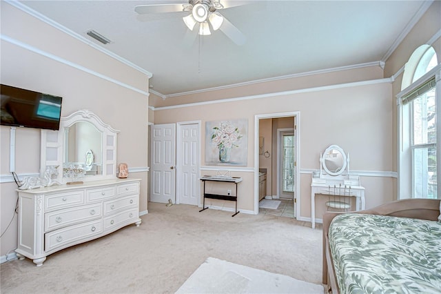 19307 Wind Dancer St, Lutz, FL 33558 - bedroom featuring light colored carpet, crown molding, and a ceiling fan