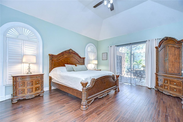 2504 Oak Landing Dr, Brandon, FL 33511 - bedroom with access to exterior, dark wood-style floors, ceiling fan, and high vaulted ceiling