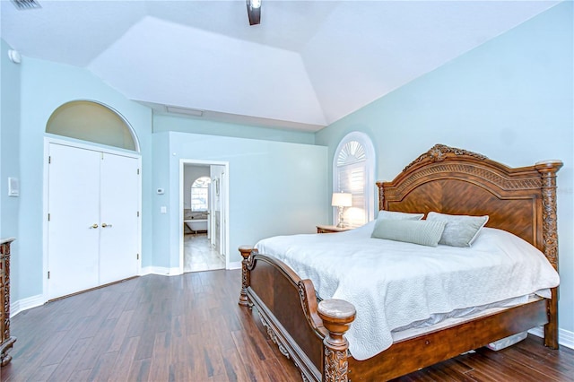 2504 Oak Landing Dr, Brandon, FL 33511 - bedroom featuring lofted ceiling, dark wood-style floors, a ceiling fan, and a closet