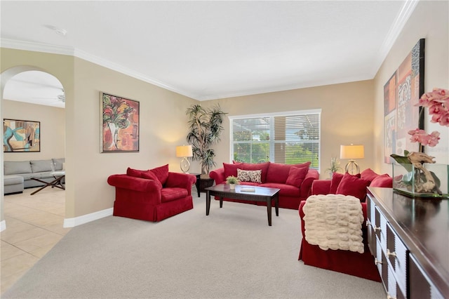 886 Suffolk Pl, Davenport, FL 33896 - tiled living area featuring crown molding, carpet floors, and arched walkways