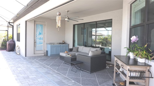 4957 Seafoam Trl, Bradenton, FL 34211 - view of patio / terrace with ceiling fan, an outdoor living space, and a grill