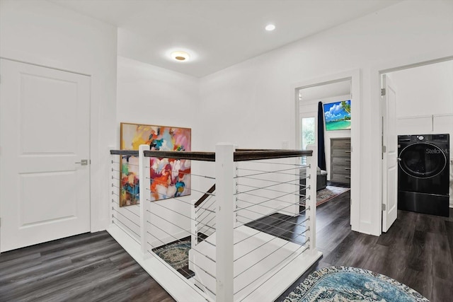 5006 W Idaho St, Tampa, FL 33616 - hallway with washer / clothes dryer, dark wood finished floors, an upstairs landing, and recessed lighting