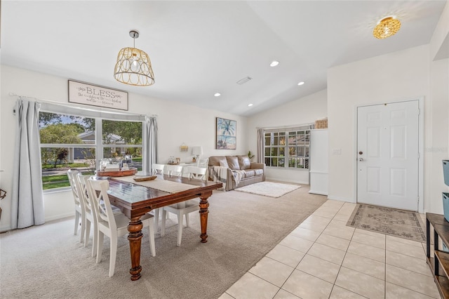 11830 Autumn Creek Dr, Riverview, FL 33569 - dining space with light colored carpet, plenty of natural light, vaulted ceiling, light tile patterned flooring, and recessed lighting